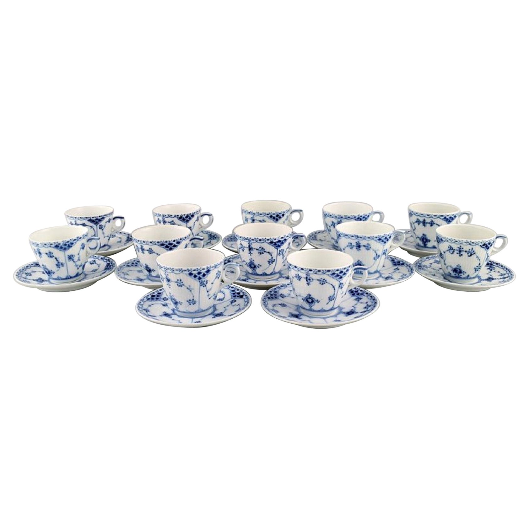 Twelve Royal Copenhagen Blue Fluted Half Lace Coffee Cups with Saucers