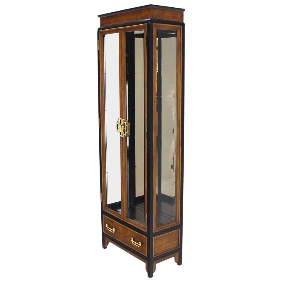 Burl Wood Asian Inspired Ebonized Frame Curio Cabinet with Brass Pulls