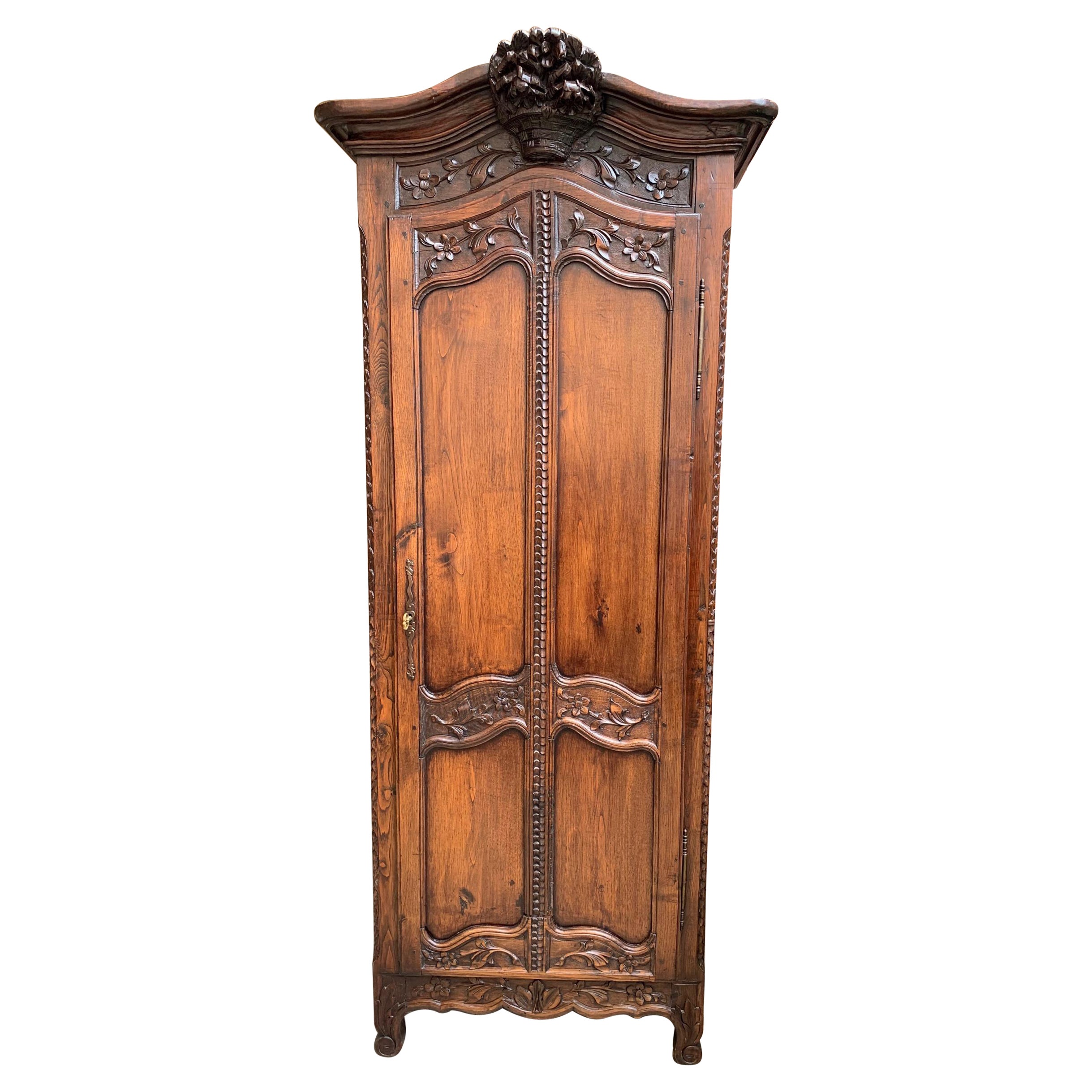 Antique French Carved Oak Armoire Bonnetiere Linen Cabinet Louis XV Style 19th C