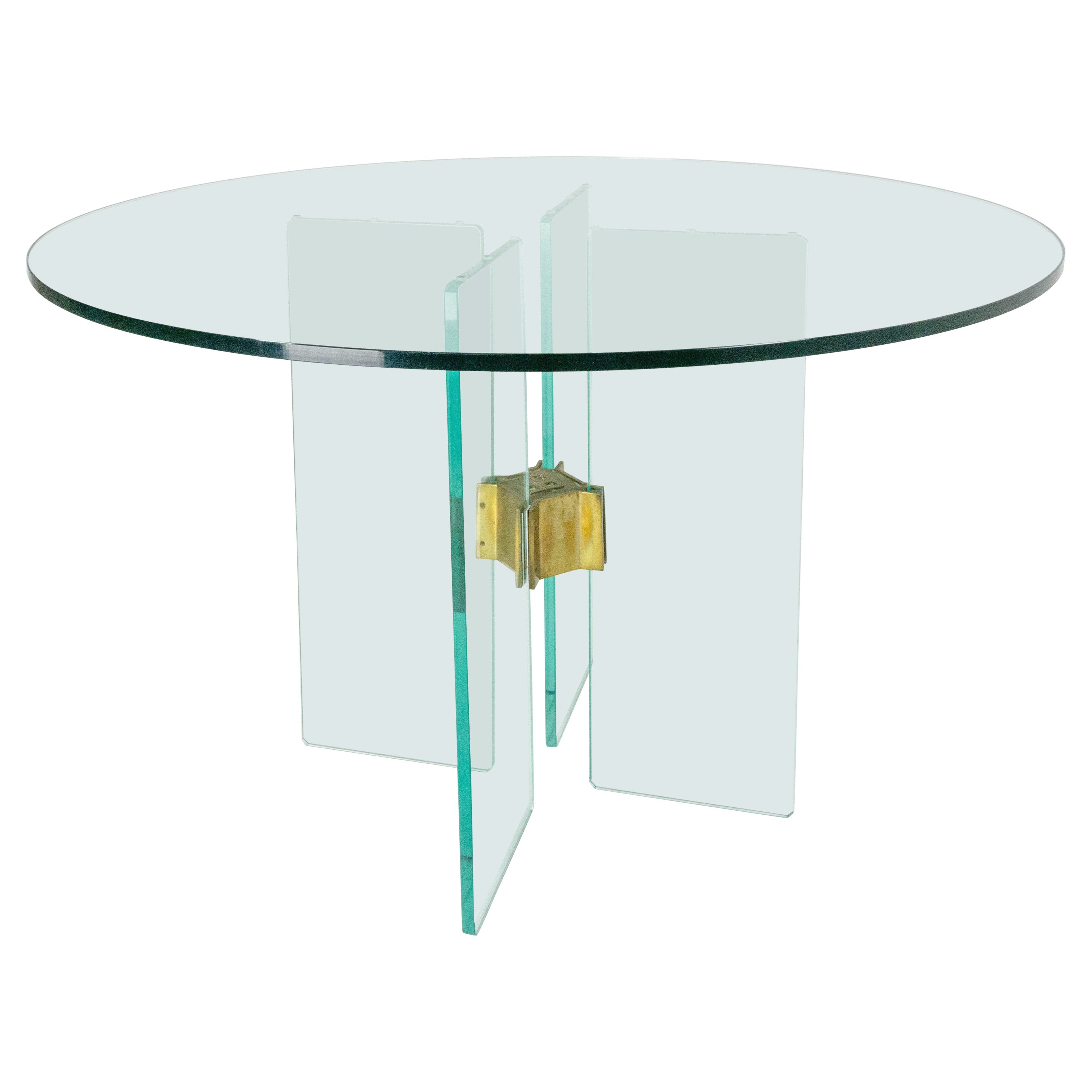 Italian Round Dining Table Glass and Brass, circa 1970