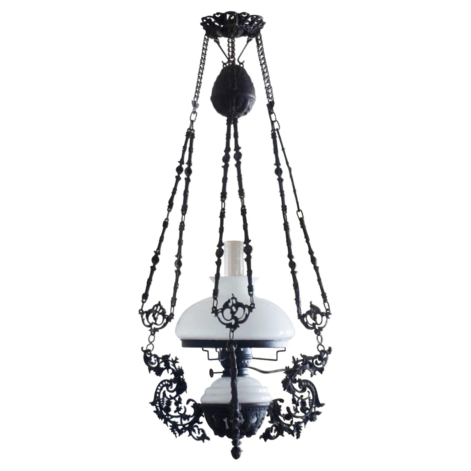 Victorian Wrought Iron Opaline Glass Oil Lamp Converted to Electric  Chandelier For Sale at 1stDibs
