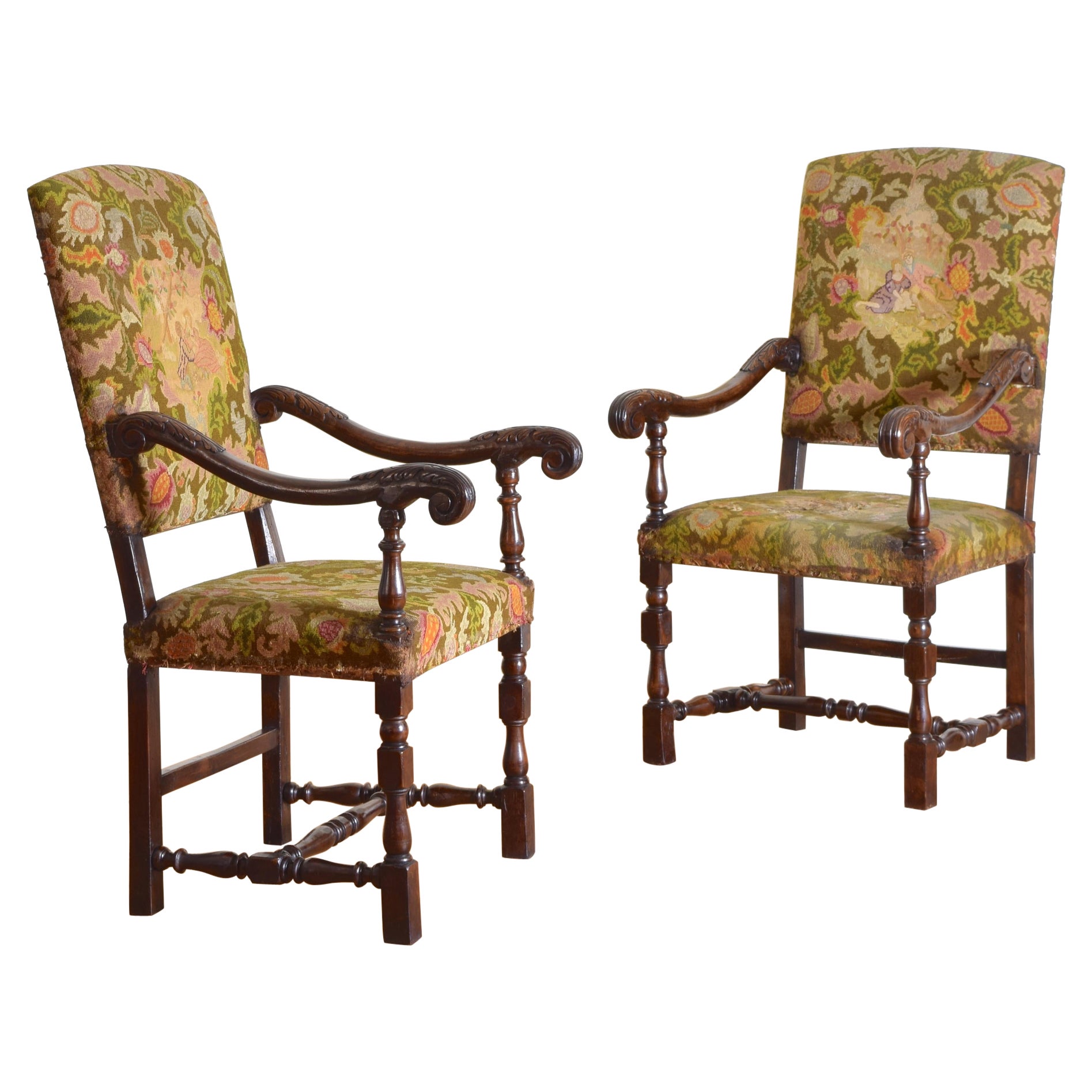 19th Century Italian Pair of Carved Walnut Louis XIII Armchairs