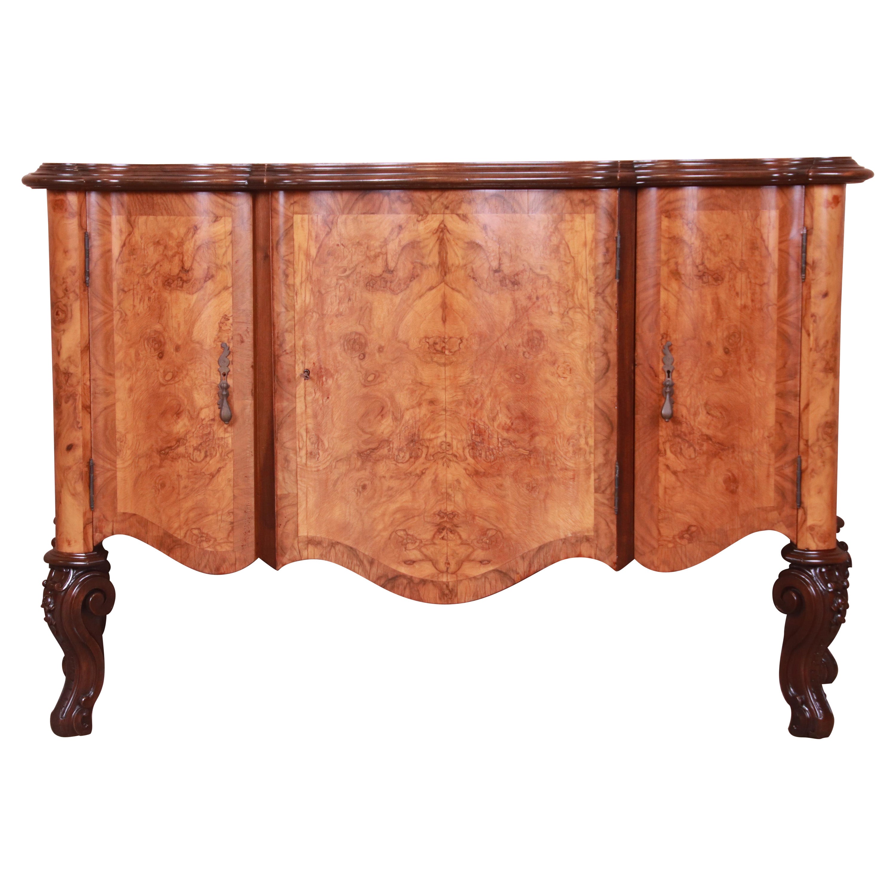 Italian Louis XV Burl Wood Sideboard or Bar Cabinet, Newly Refinished