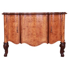 Vintage Italian Louis XV Burl Wood Sideboard or Bar Cabinet, Newly Refinished