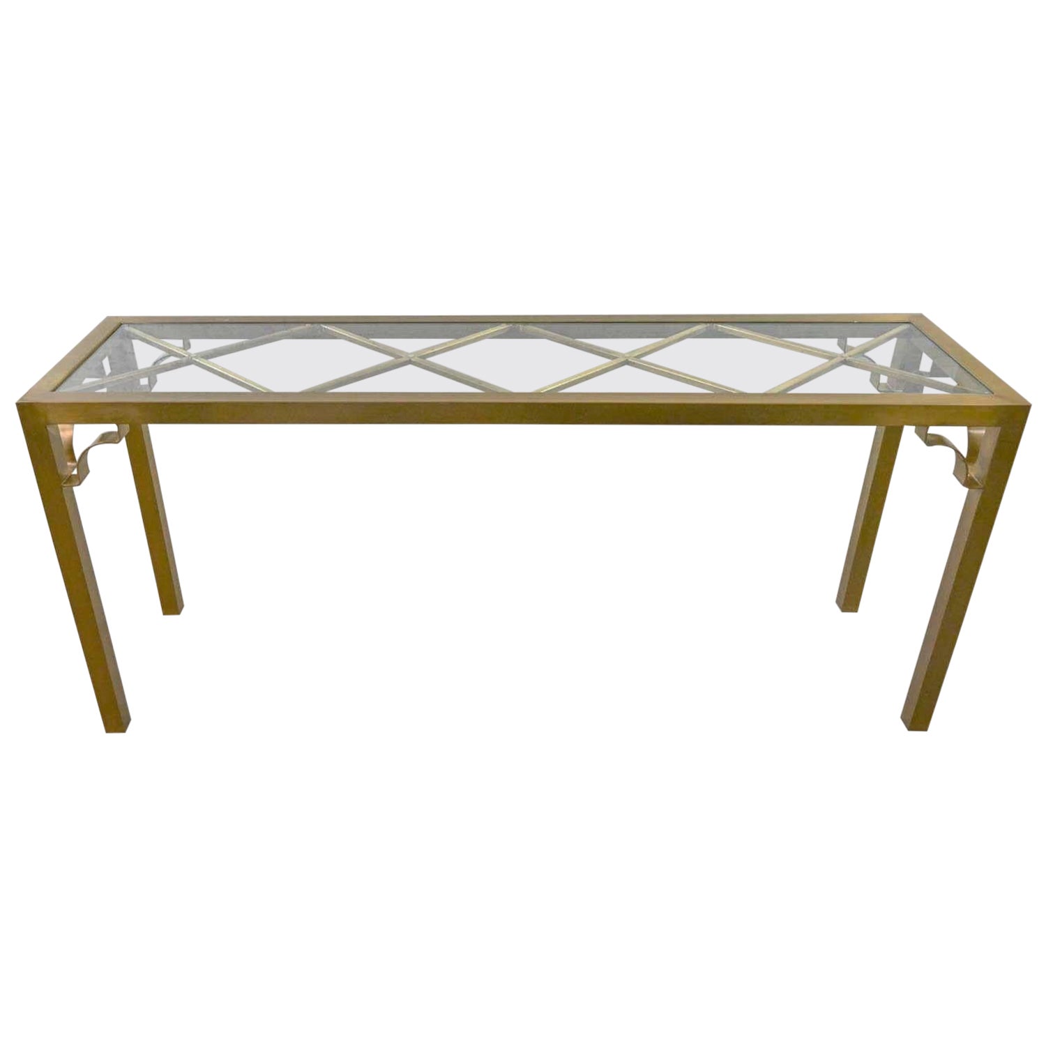 Modern Hollywood Regency Brushed Brass Plated Parsons Style Console Sofa Table