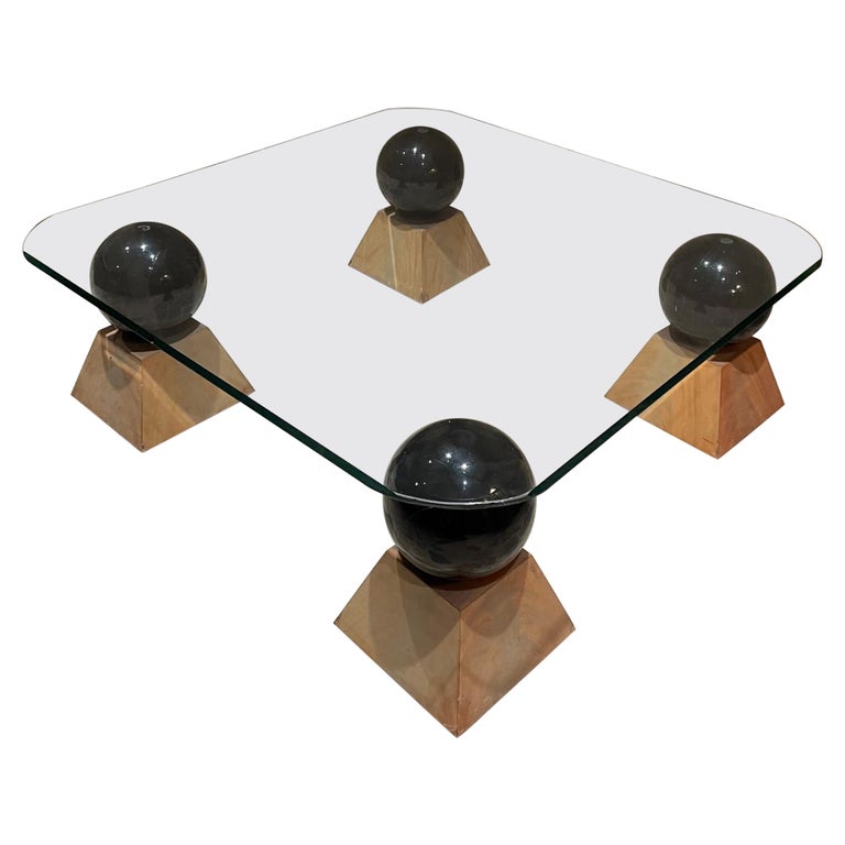 Dramatic Postmodern Glass Coffee Table Four Spheres on Pyramid Wood Base 1970s For Sale