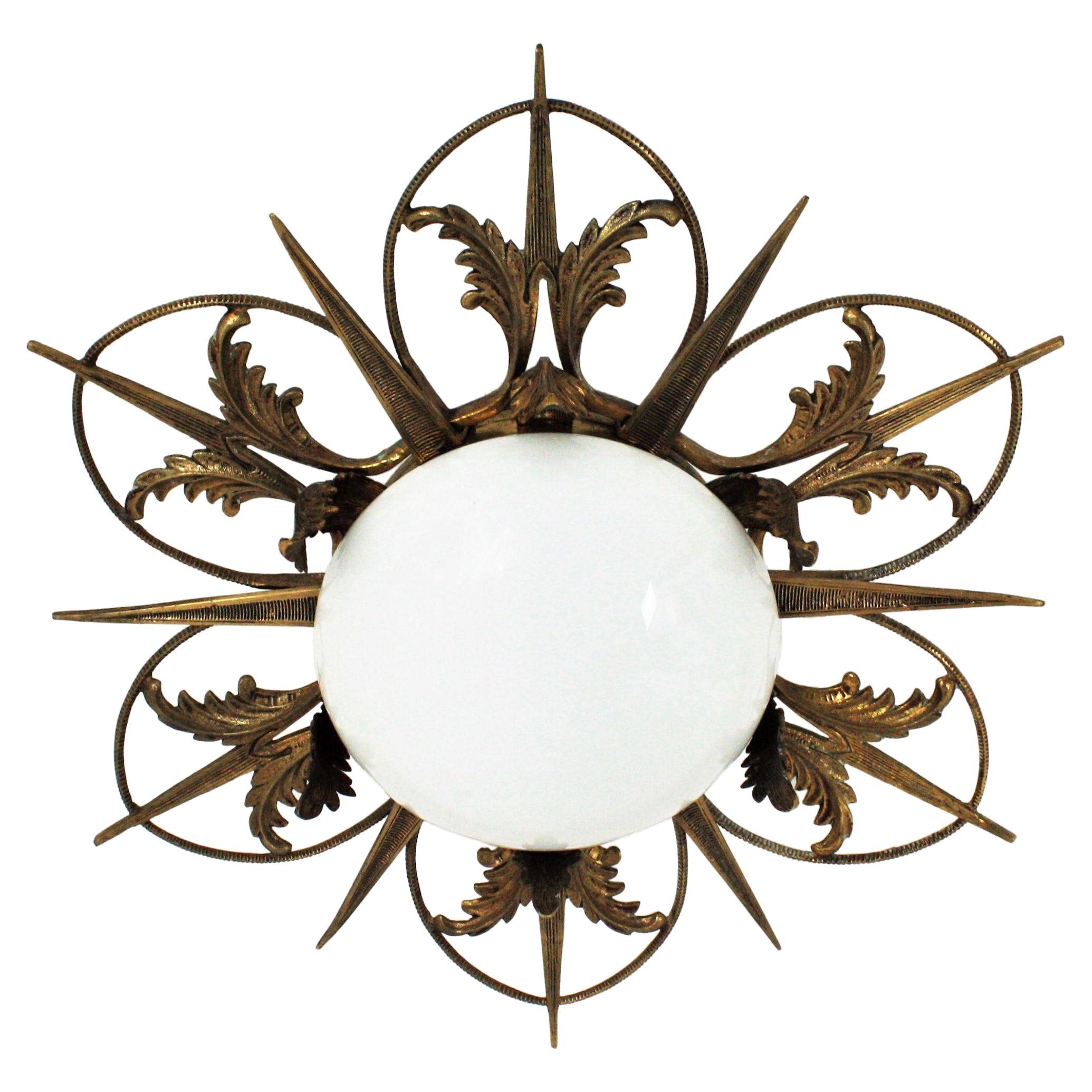 French Art Deco Sunburst Flower Flush Mount in Bronze and Milk Glass at