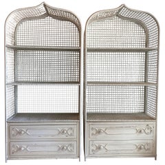 Vintage Wicker Rattan White Pagoda Moroccan Top Pair Etageres Shelves & Drawers