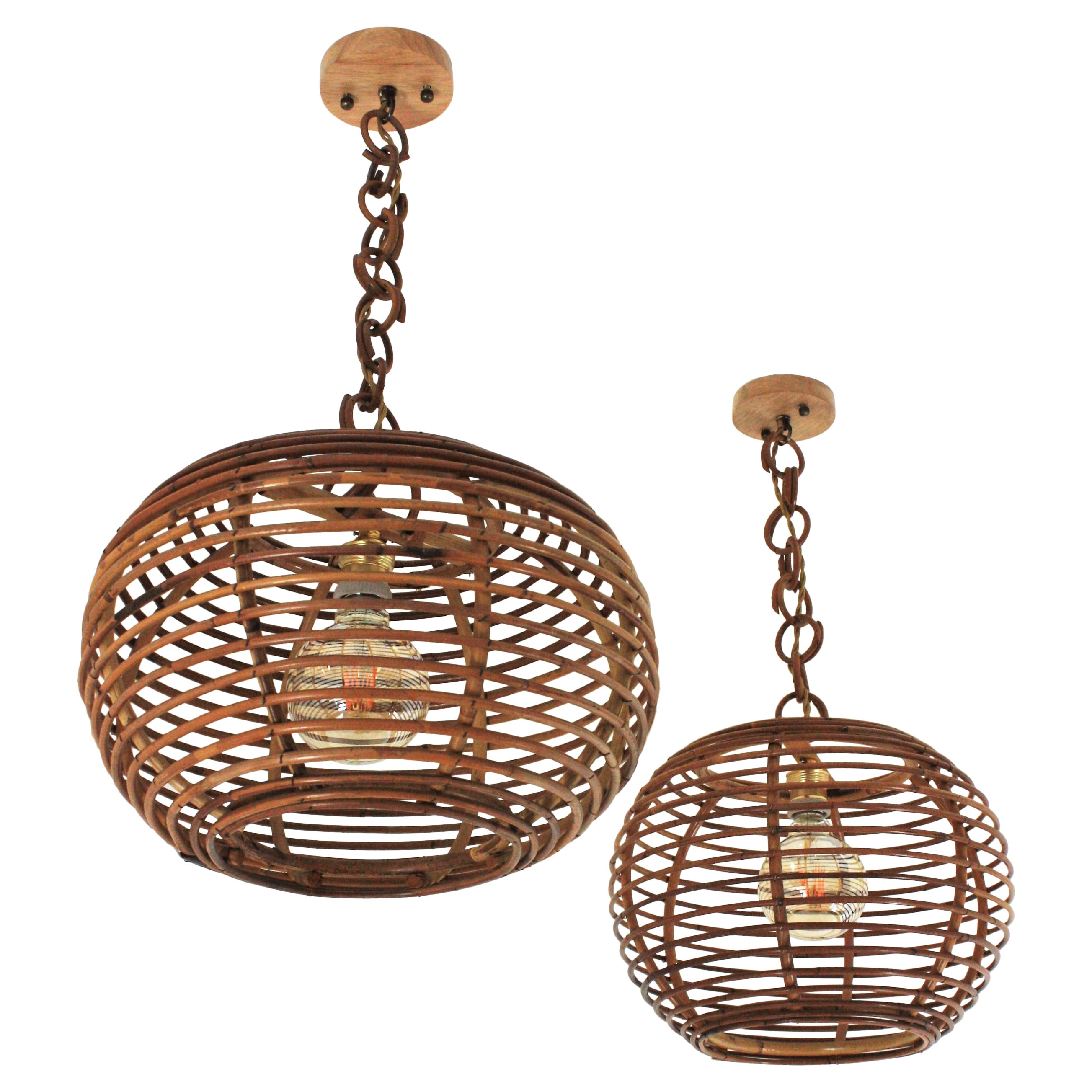 Pair of Rattan Globe Pendants or Hanging Lights, 1950s For Sale