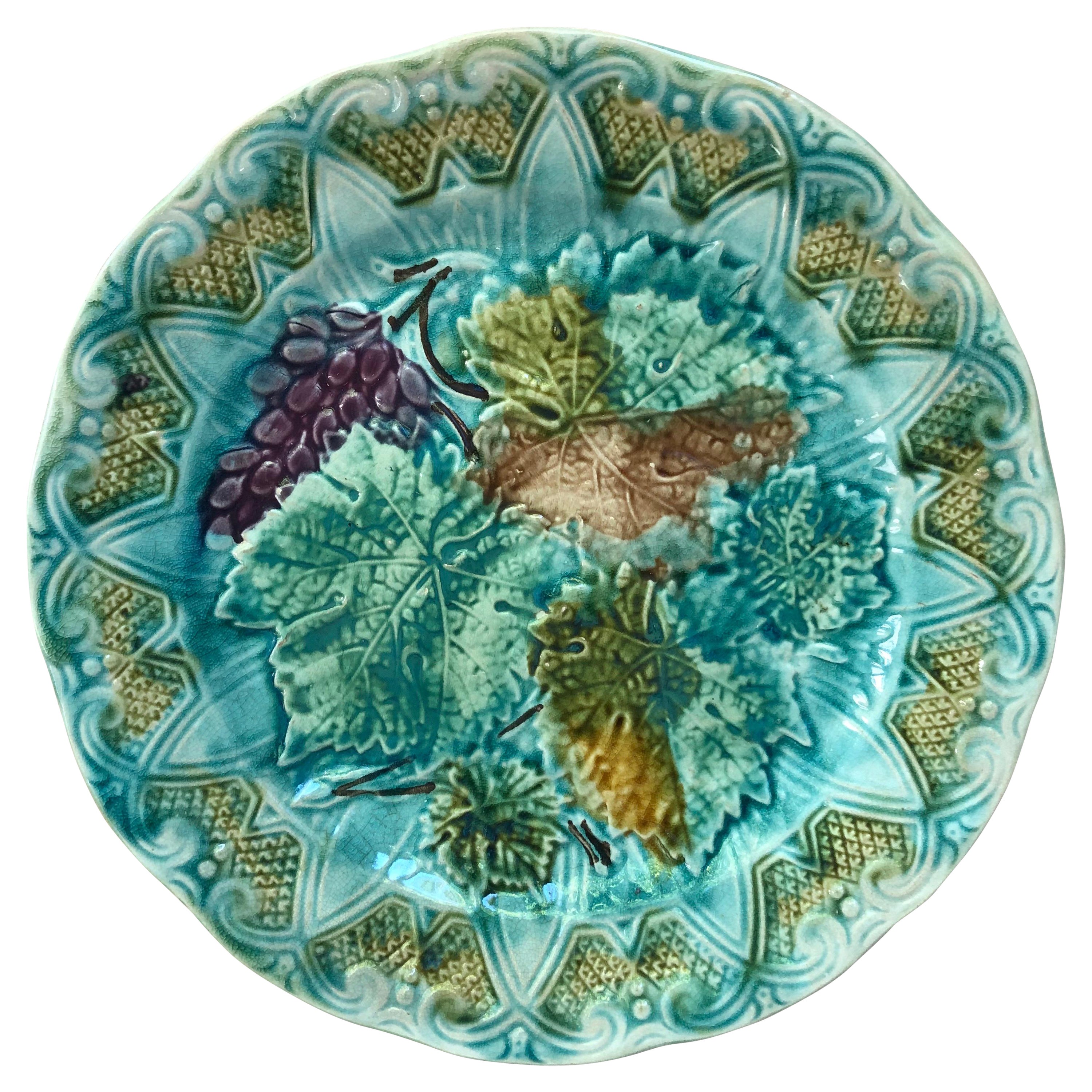 French Majolica Leaves & Grapes Plate Onnaing, circa 1900 For Sale