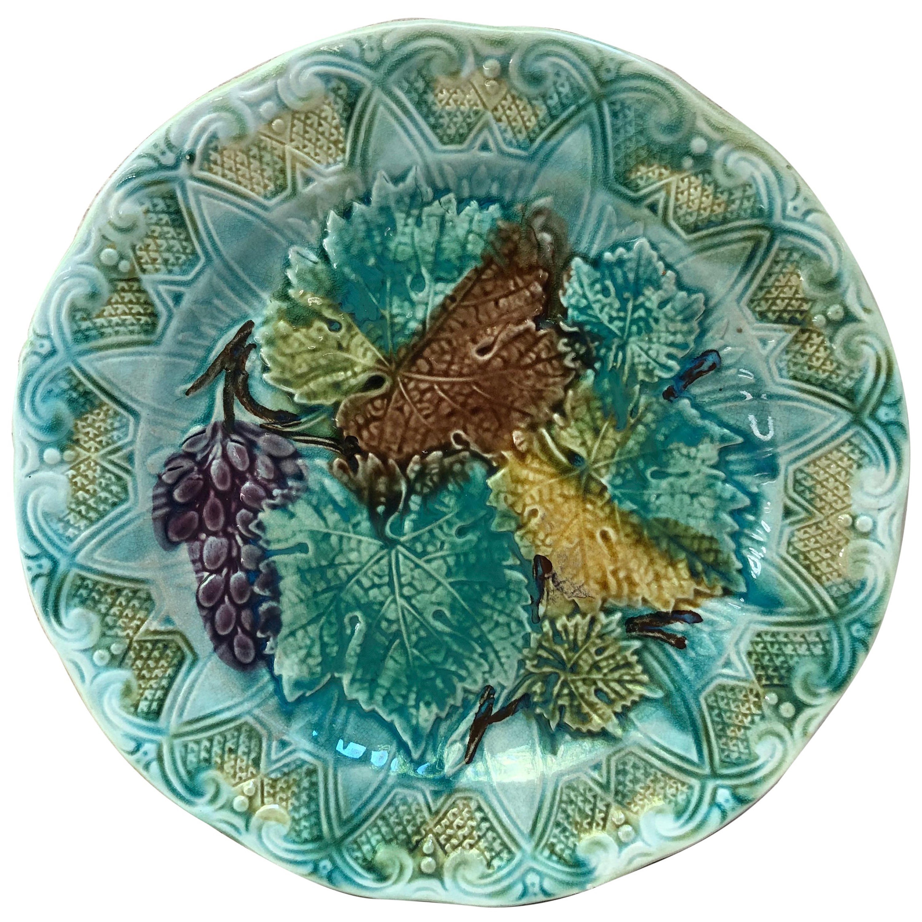 French Majolica Leaves & Grapes Plate Onnaing, circa 1900 For Sale
