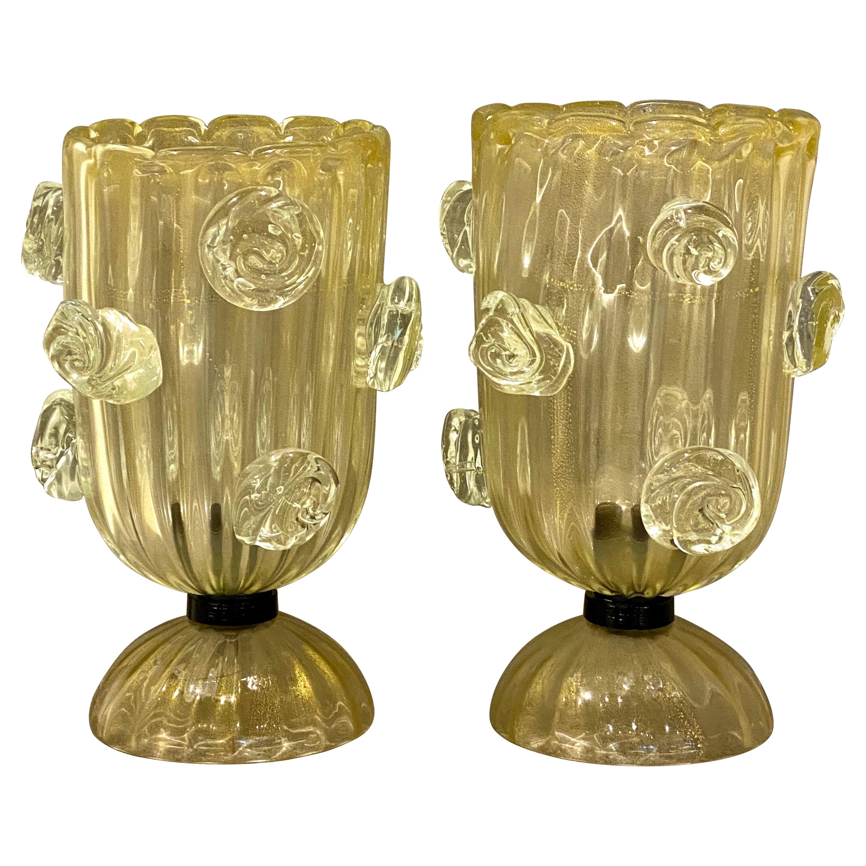 Grande paire de lampes de bureau Barovier & Toso en verre jaune moucheté d'or, milieu du siècle dernier 7