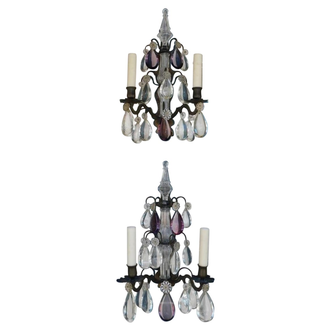 Pair of French Amethyst Crystal and Bronze Sphere Finial Wall Sconces, C. 1820 For Sale