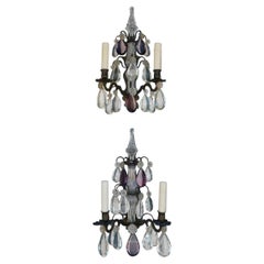 Pair of French Amethyst Crystal and Bronze Sphere Finial Wall Sconces, C. 1820