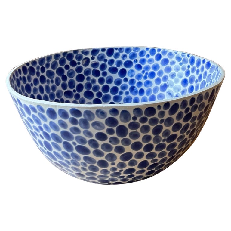 Blue Dots on White Stoneware Fruit Bowl For Sale