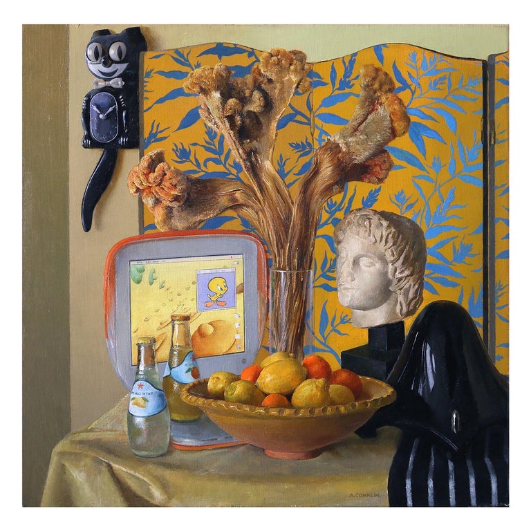 Still Life with Alexander Bust and iBook, Original Oil Painting, Framed For Sale