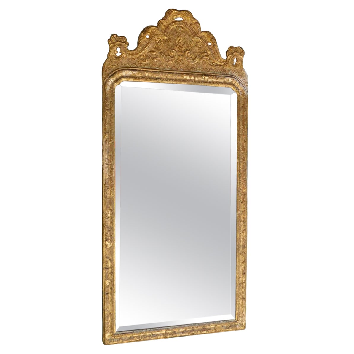 English Queen Anne Gilt Wood and Gesso Wall Mirror with Original Glass, C. 1750 For Sale