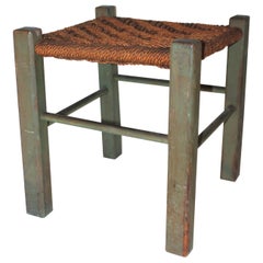 Tabouret original du 19ème siècle peint en vert avec assise tissée