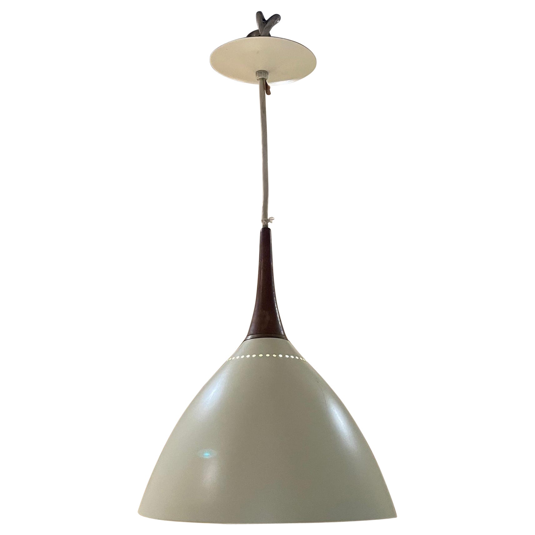 Simple White Perforated Cone Pendant Lamp Aluminum Brass & Teak Stilnovo Italy For Sale