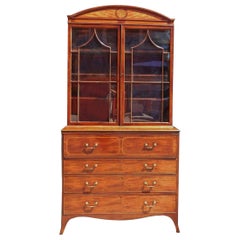 Antique English Regency Mahogany Satinwood Inlaid Secretary with Bookcase, Circa 1800