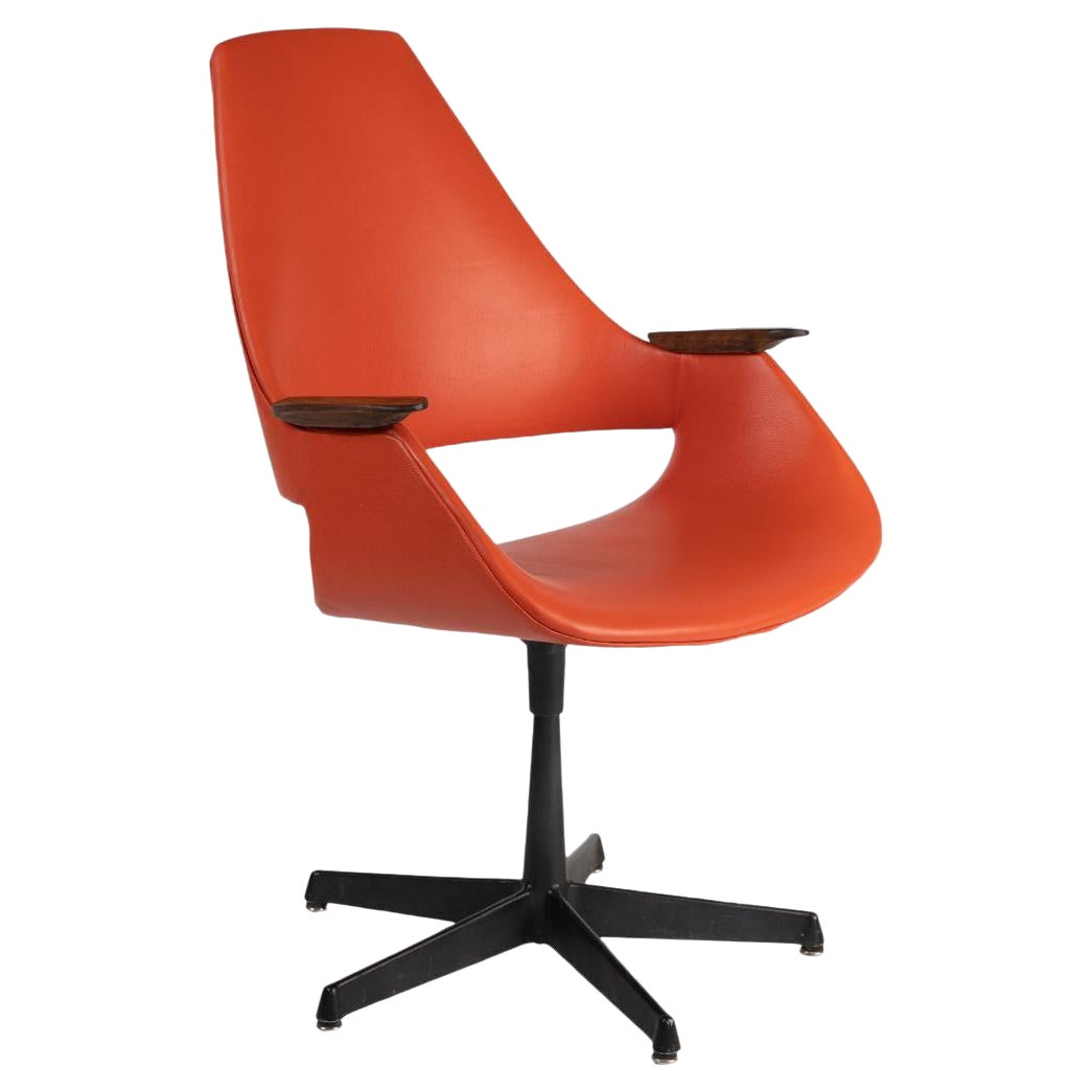 Arthur Umanoff Orange Leather, Walnut and Steel Office Chair
