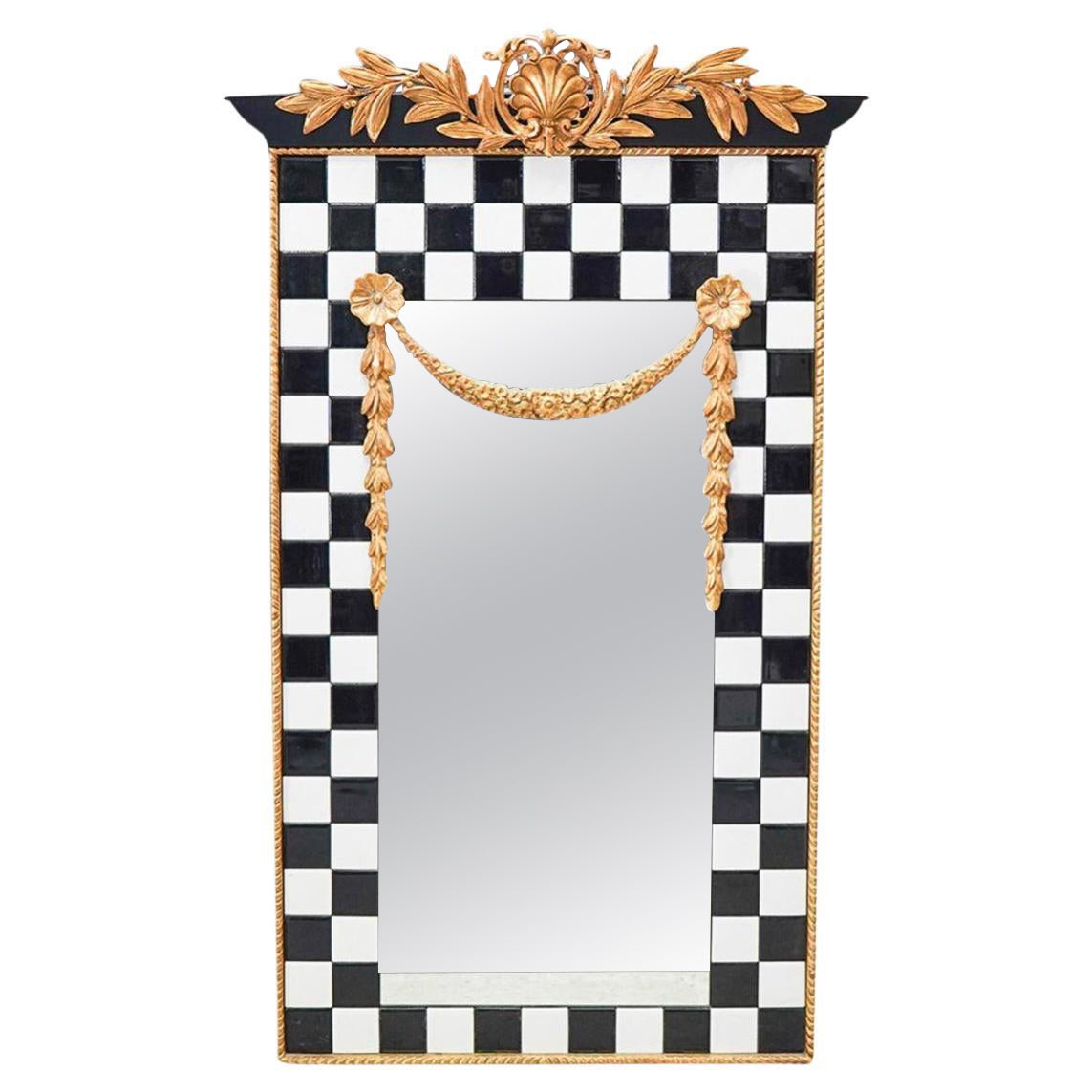 Designer Neoclassical Style Black & White Tile Mirror For Sale