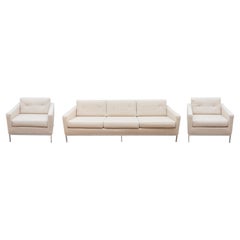 Retro  White Three-Seat Sofa and Matching Lounge Chairs, 1970s Living Room Set
