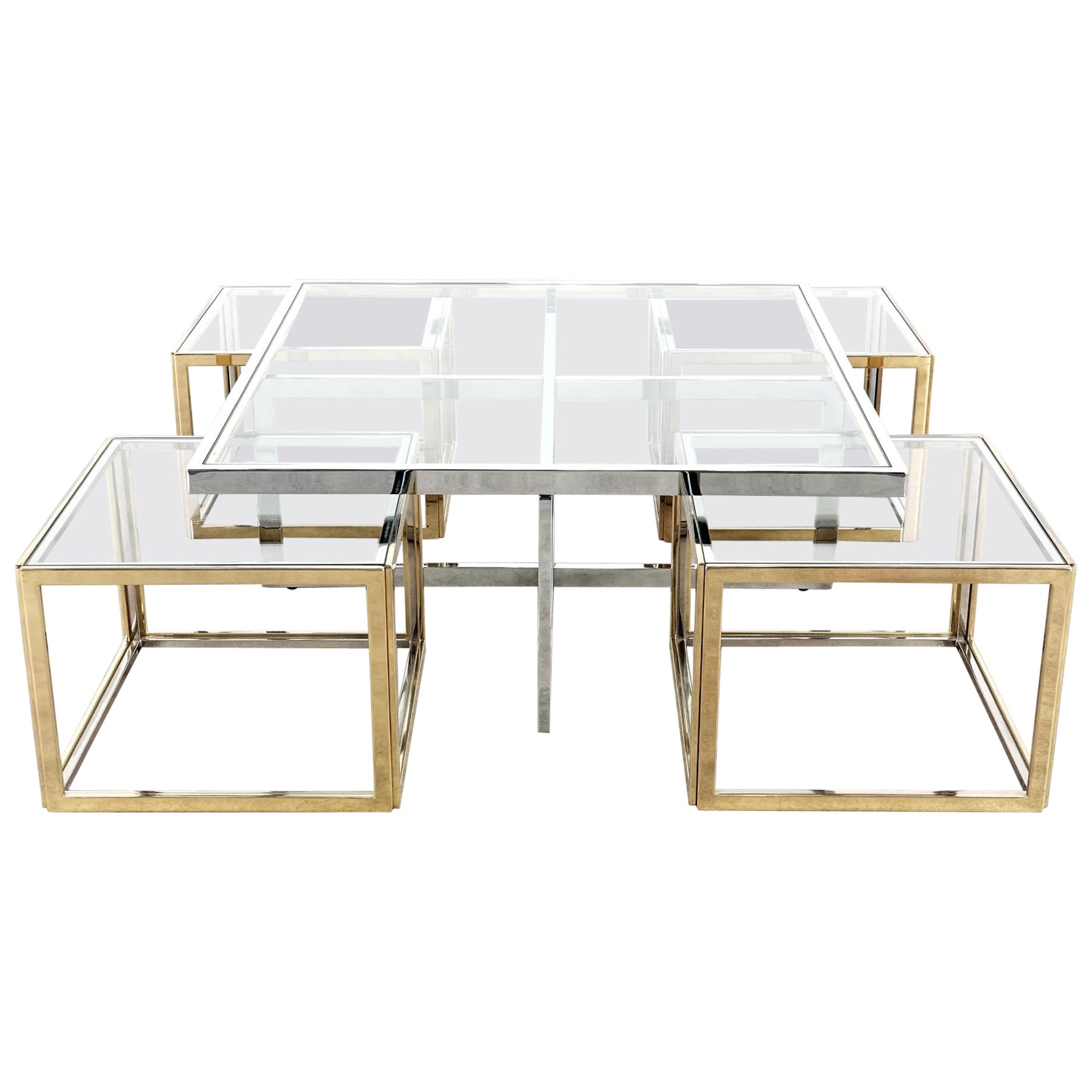 Maison Charles Chrome & Brass Bicolor Coffee Table with Nesting Tables, 1970s