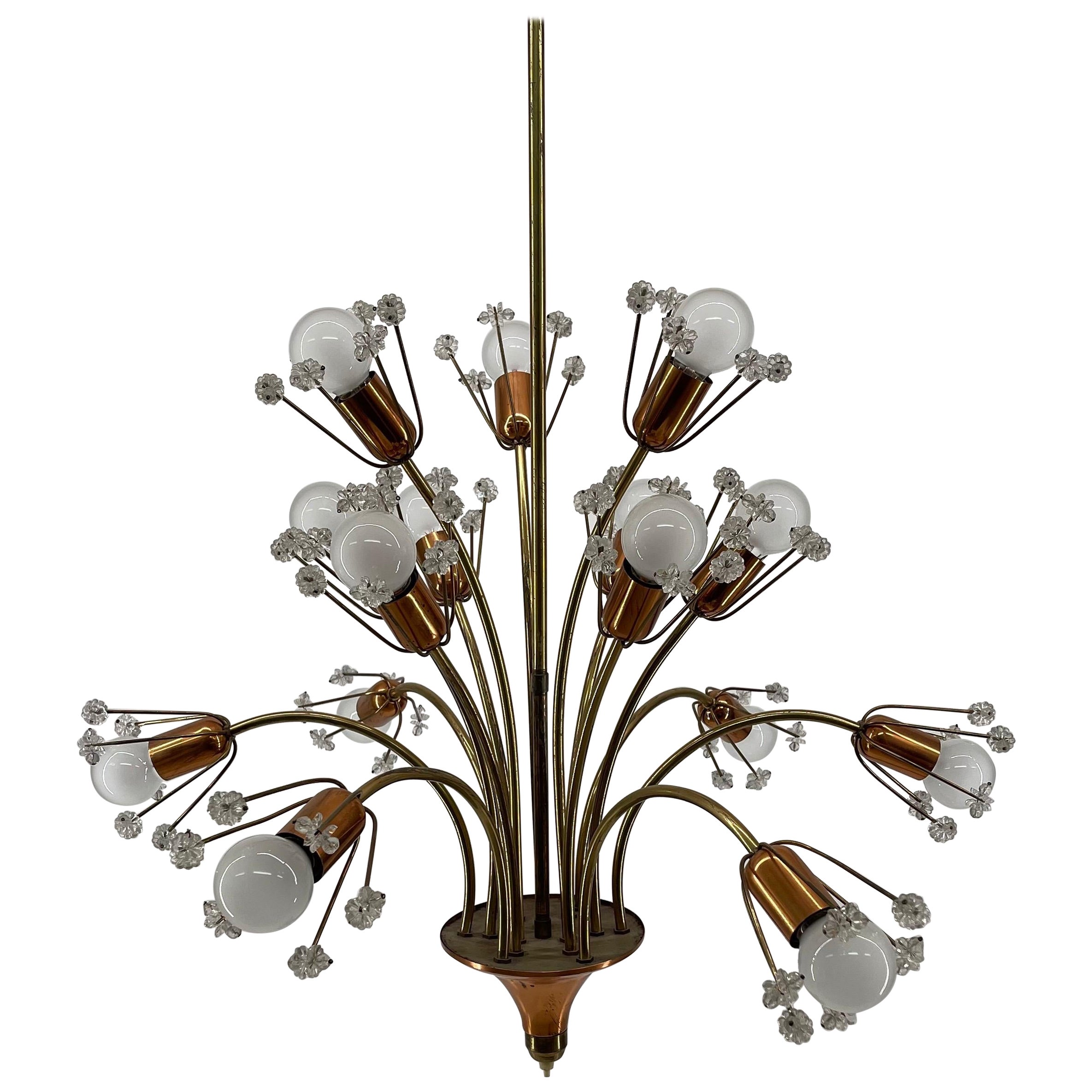 Large Emil Stejnar Dandelion Chandelier White Brass Crystal Glass