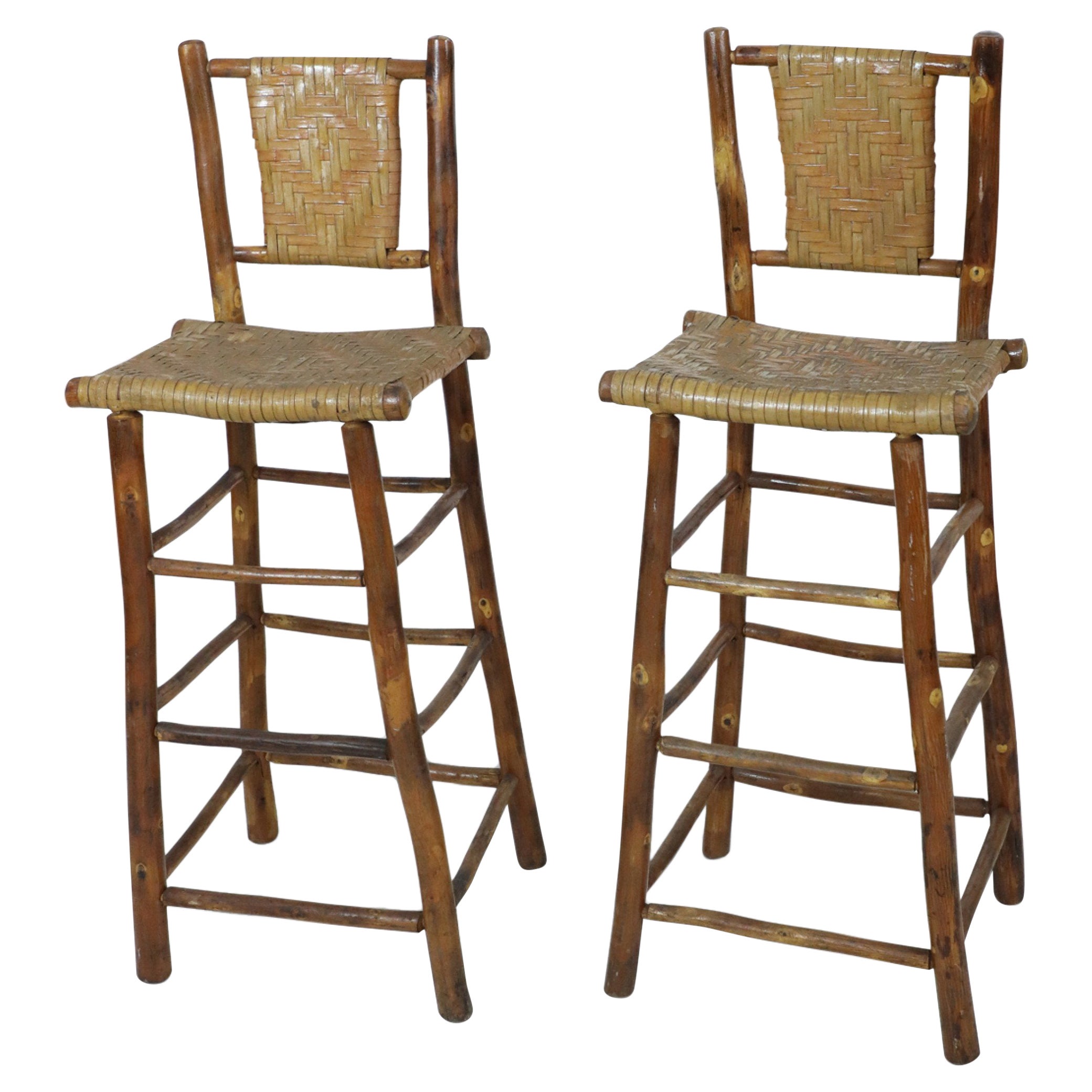 Set of 4 American Rustic Old Hickory and Willow Bar Stools For Sale