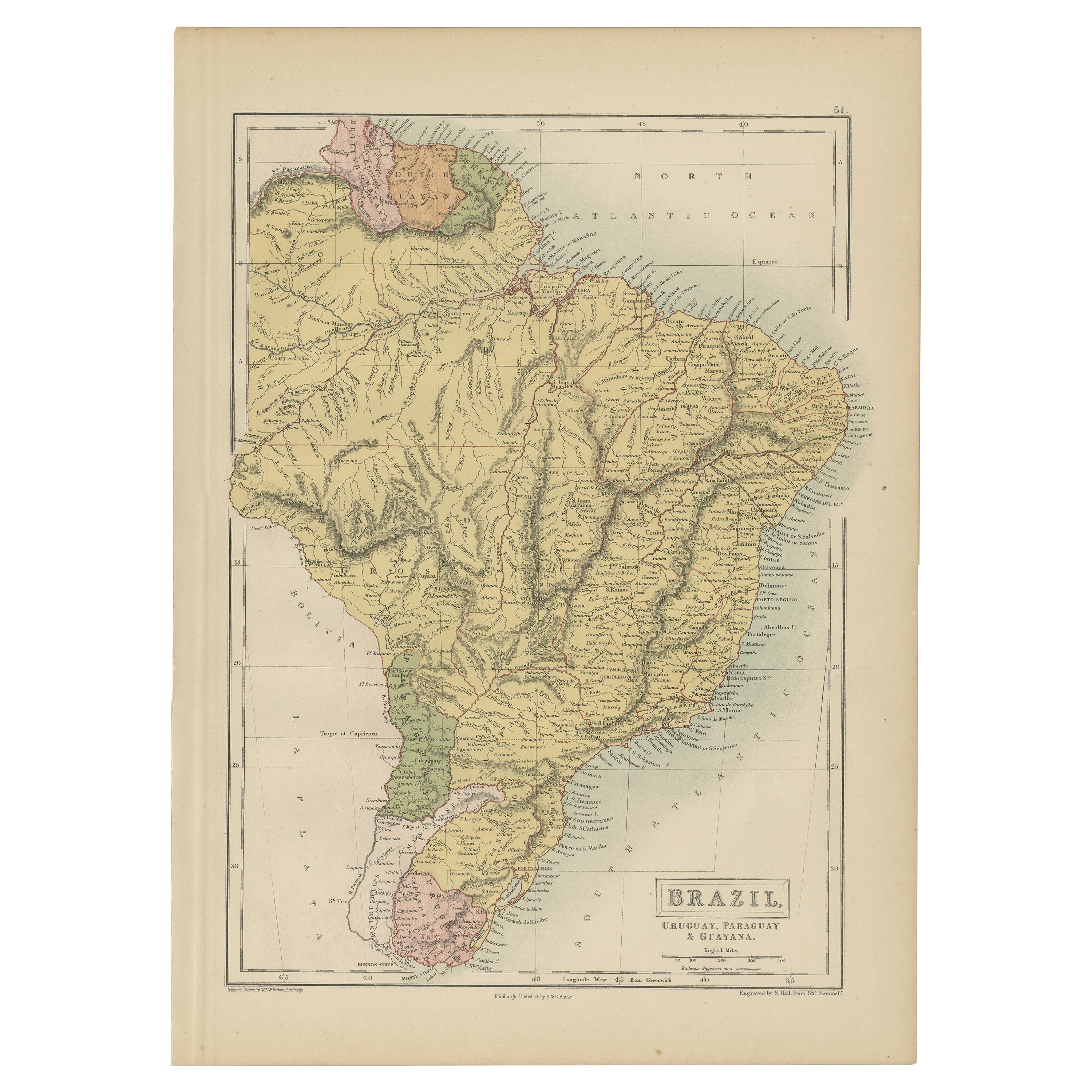 Antike Karte von Brasilien, Uruguay, Paraguay und Guyana von A & C. Black, 1870 im Angebot
