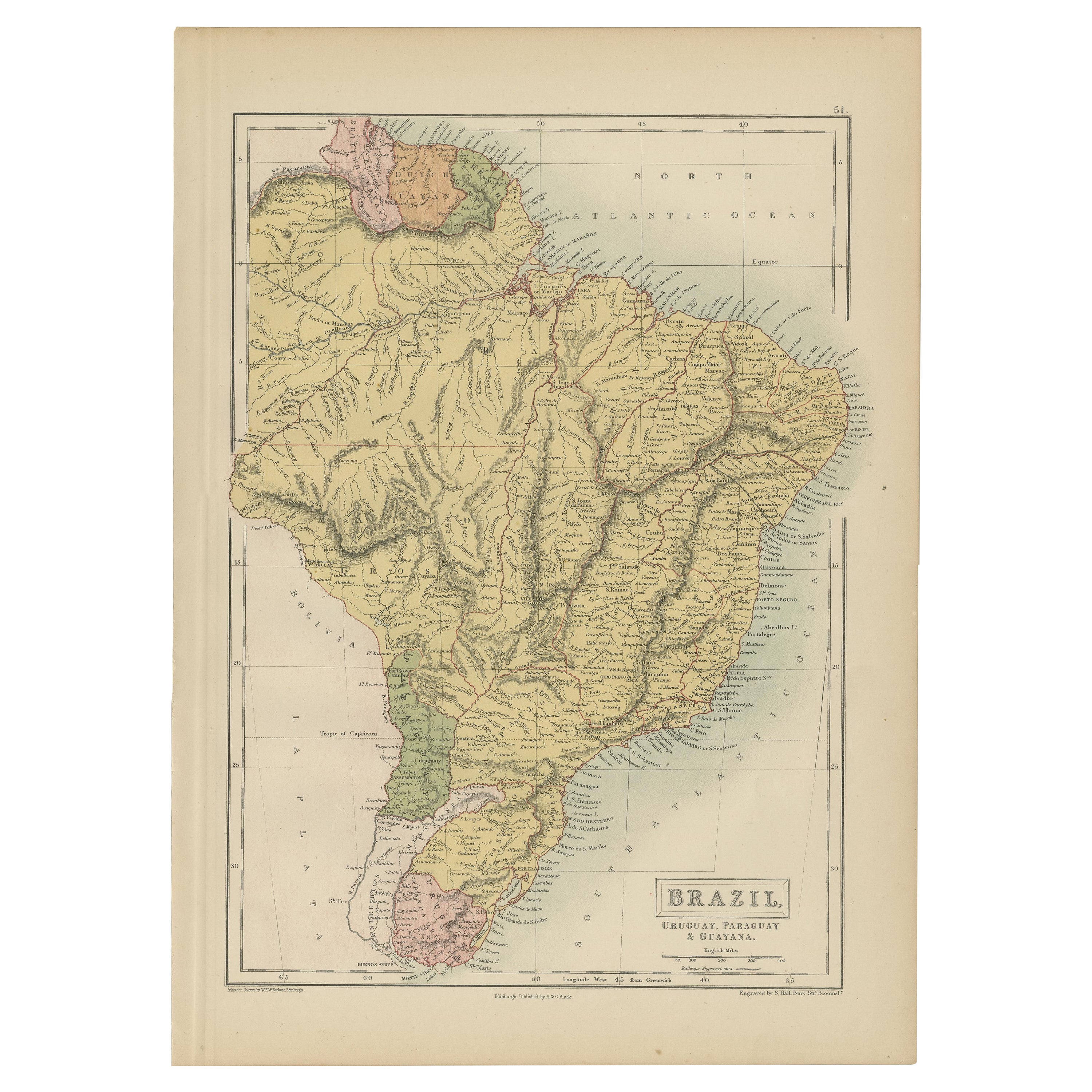 Carte ancienne du Brésil, d' Uruguay, du Paraguay et de Guyana par A & C. Black, 1870