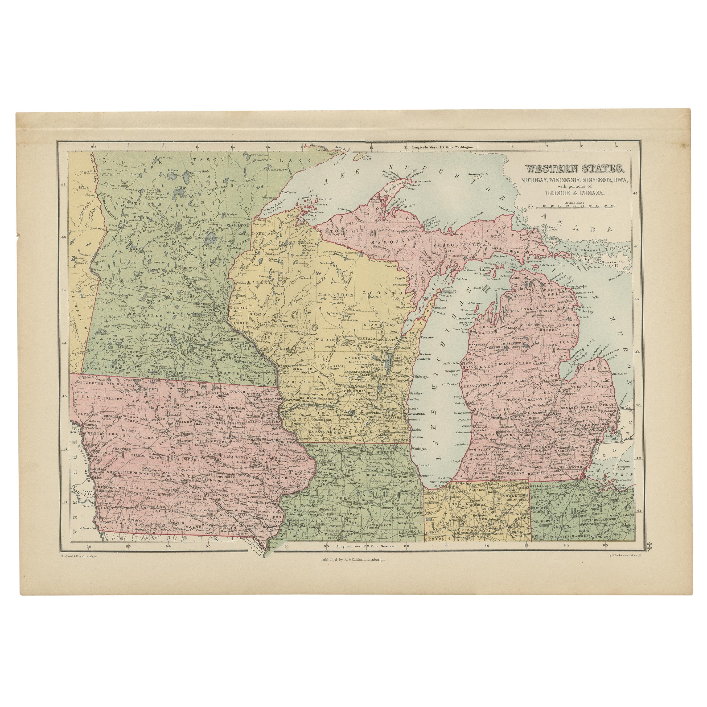 Antique Map of Western States, Michigan, Wisconsin, Iowa by A & C. Black, 1870