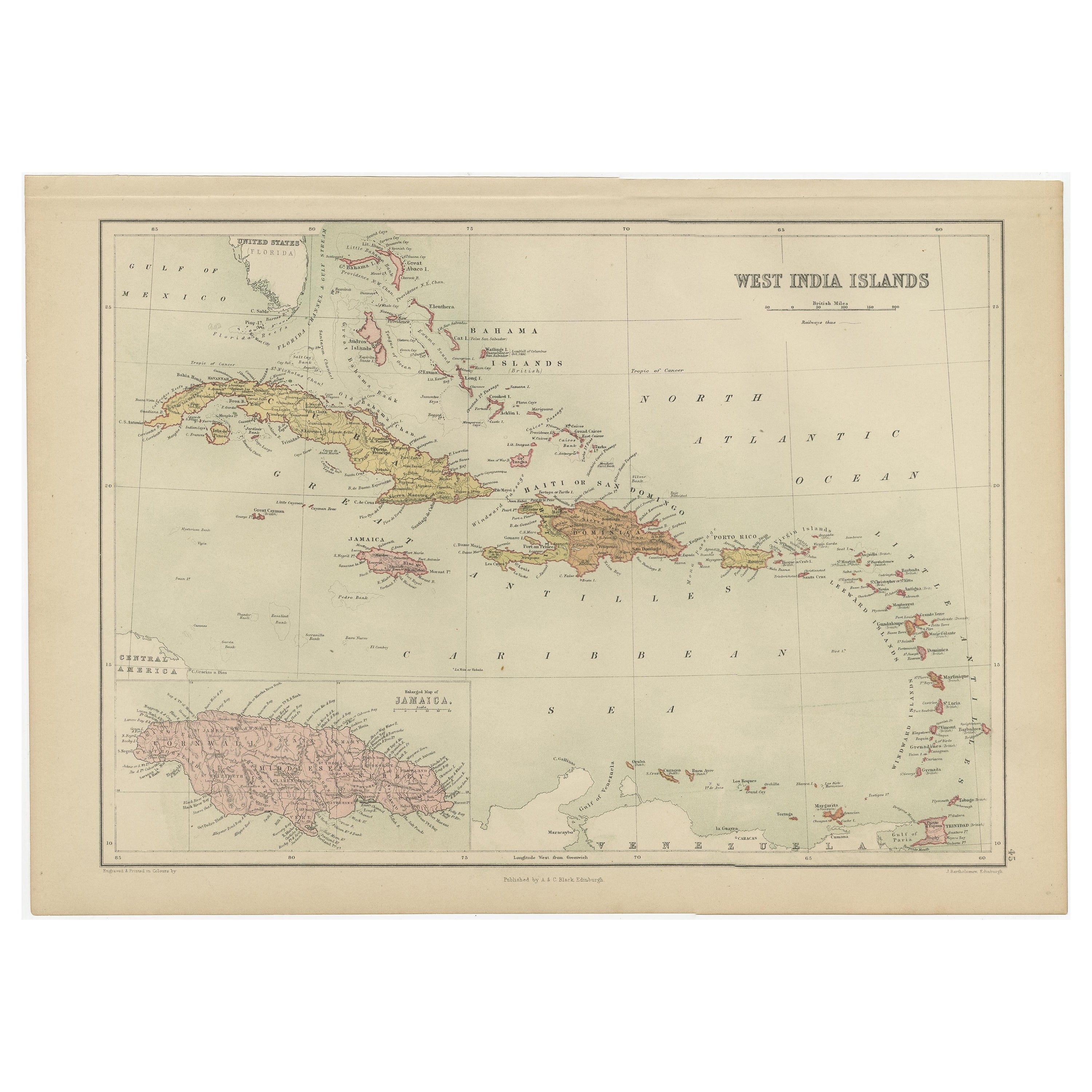 Antique Map of the West Indies by A & C, Black, 1870