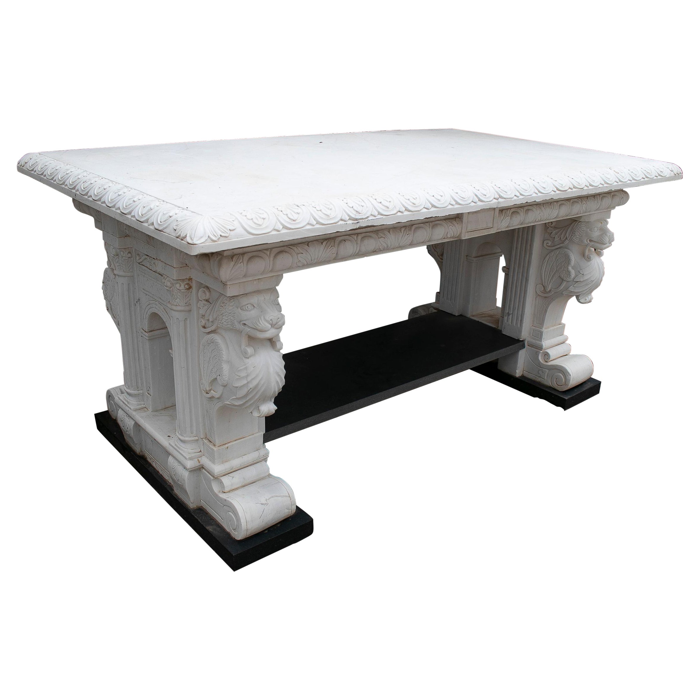 1990s European Hand Carved White & Black Marble Table w/ Lionheads For Sale