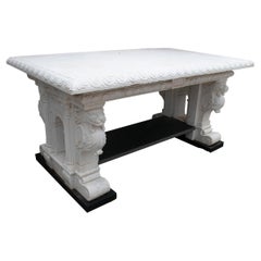 1990s European Hand Carved White & Black Marble Table w/ Lionheads