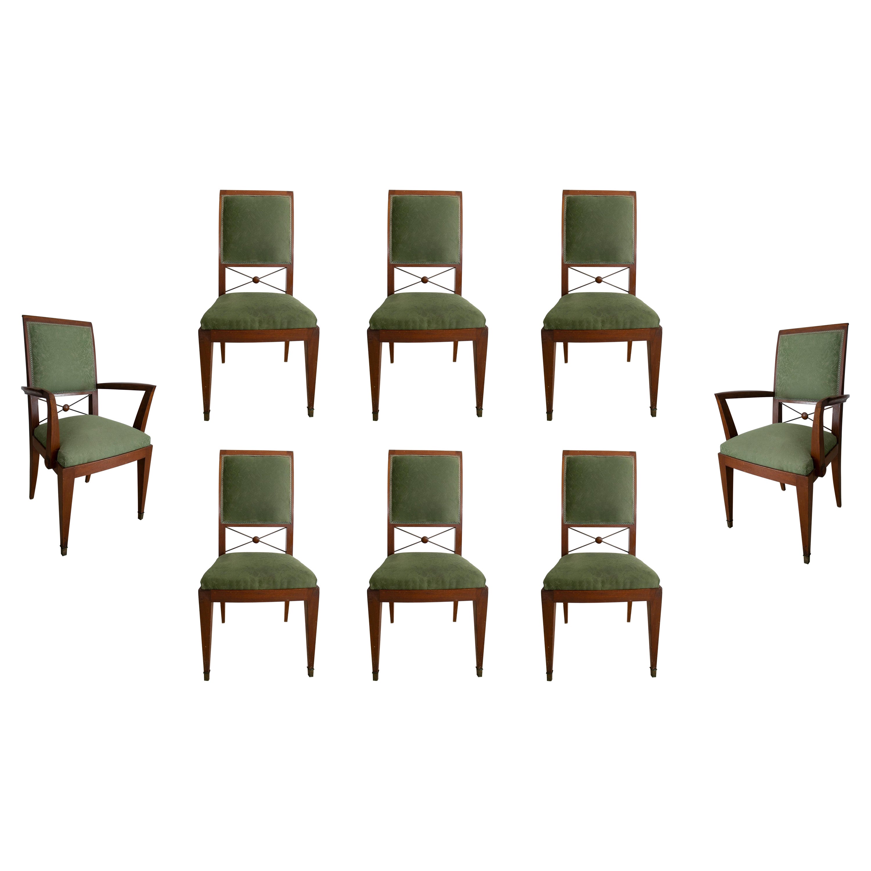 Ensemble de six chaises et deux fauteuils en acajou et bronze des années 1940 en vente