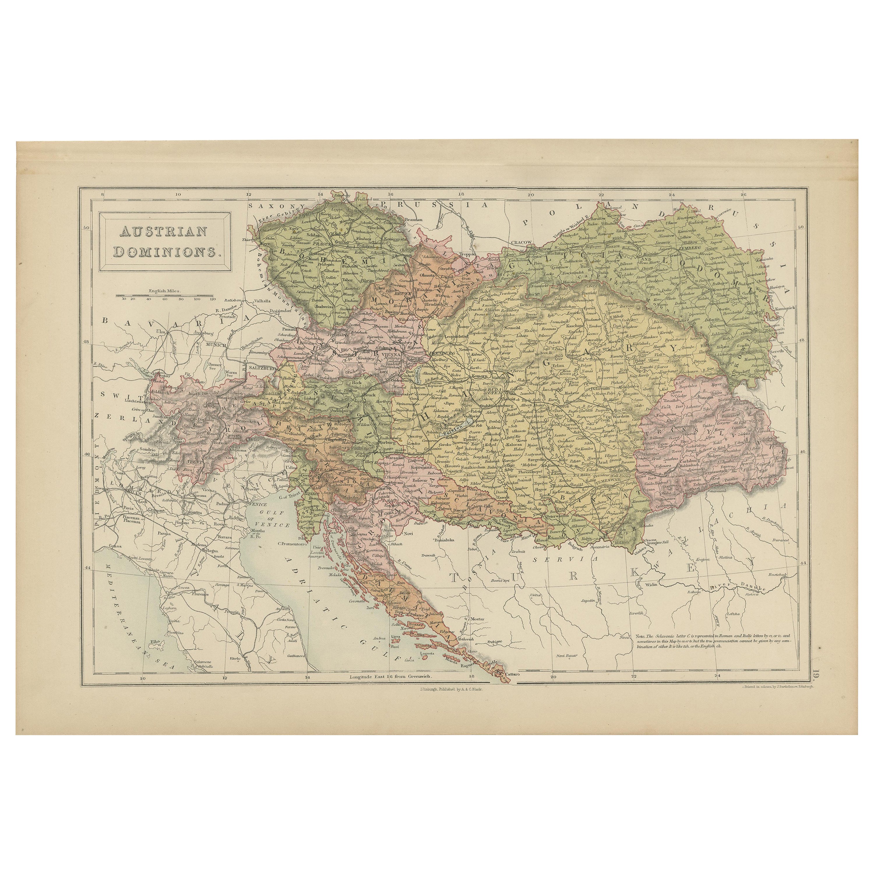 Antique Map of Austrian Dominions by A & C. Black, 1870 For Sale