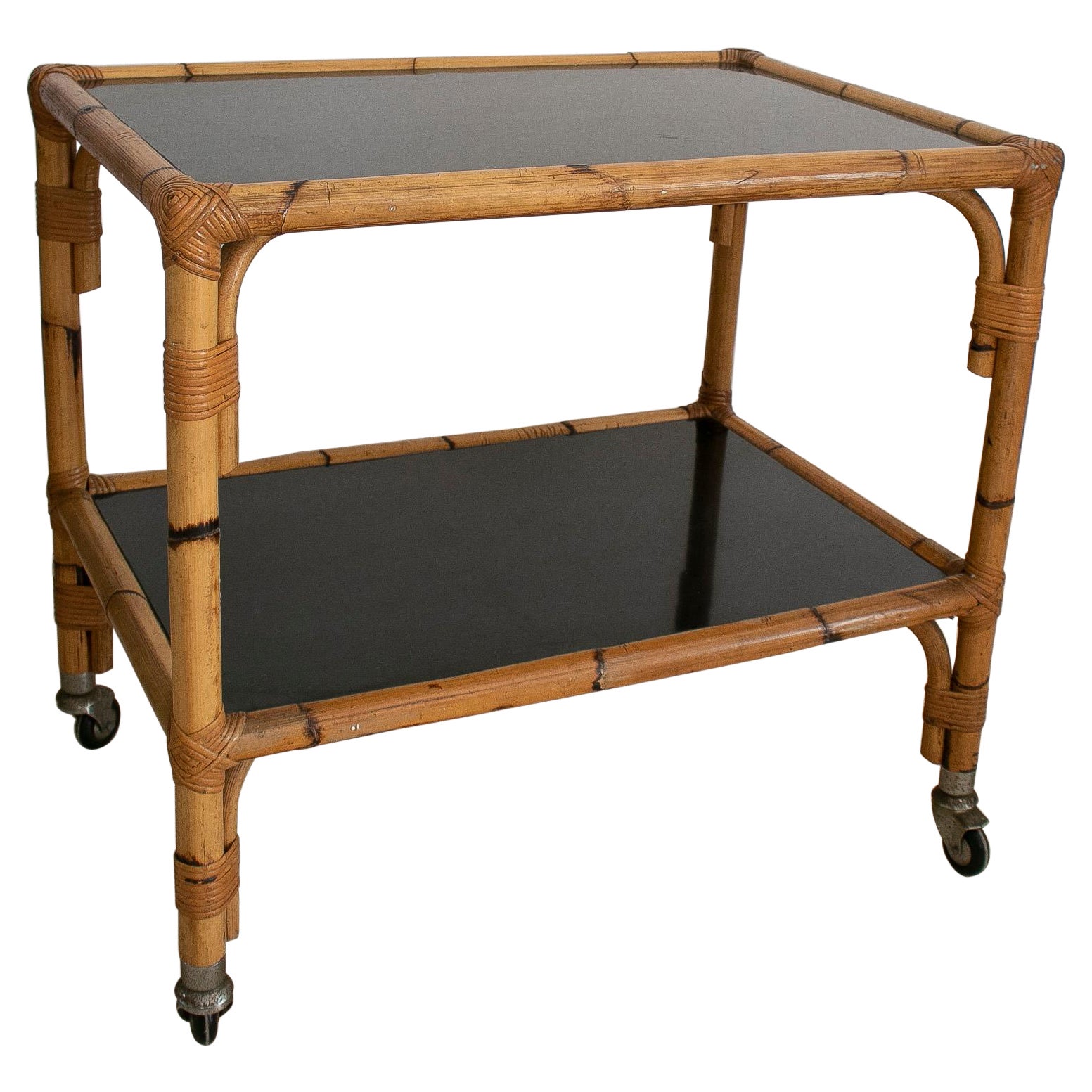 1970s Spanish Bamboo 2-Shelves Trolley w/ Smoked Glass Panels For Sale