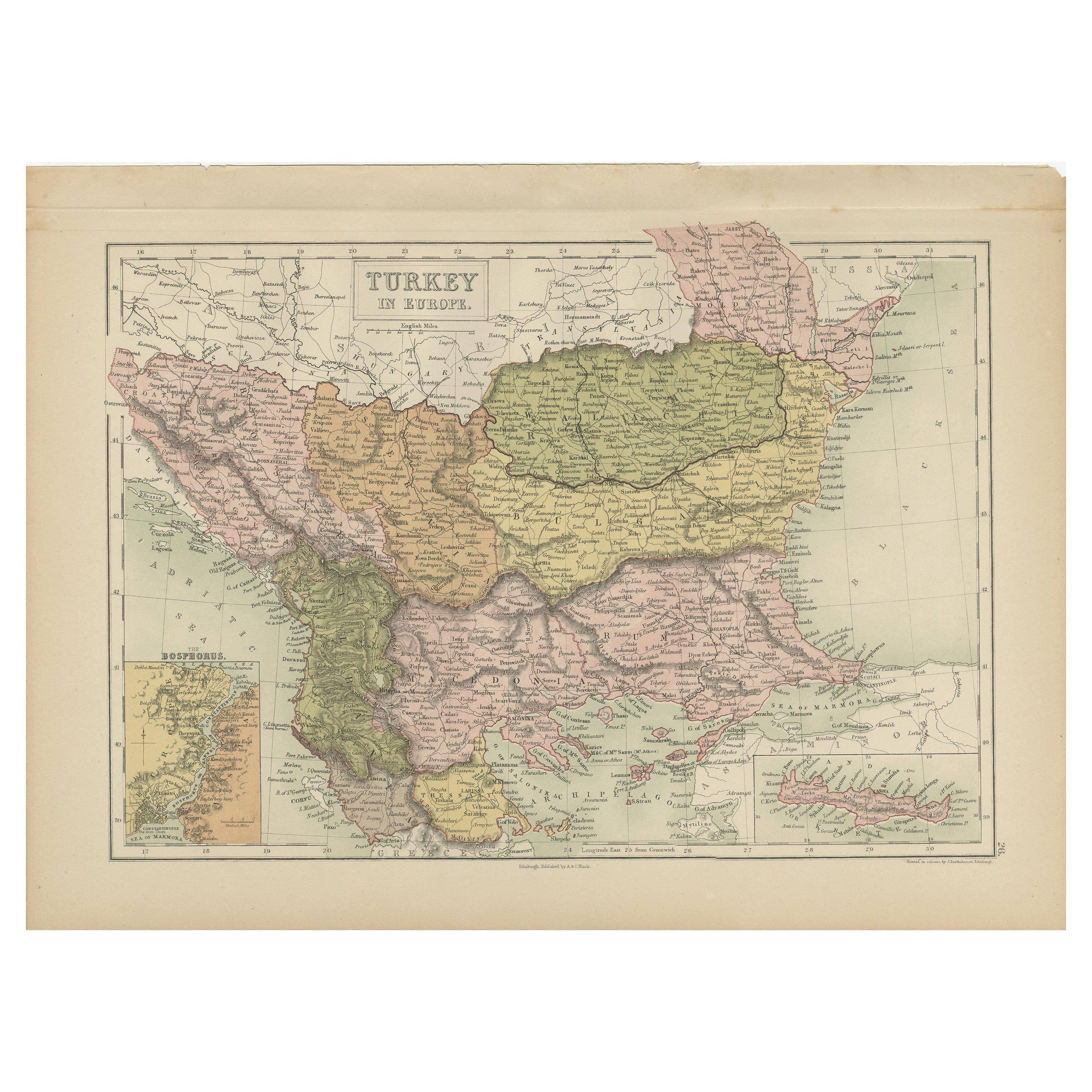 Antique Map of Turkey in Europe by A & C. Black, 1870 For Sale