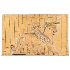 Vintage Egyptian Style Carved Wooden Wall Plaque of a Winged Bull