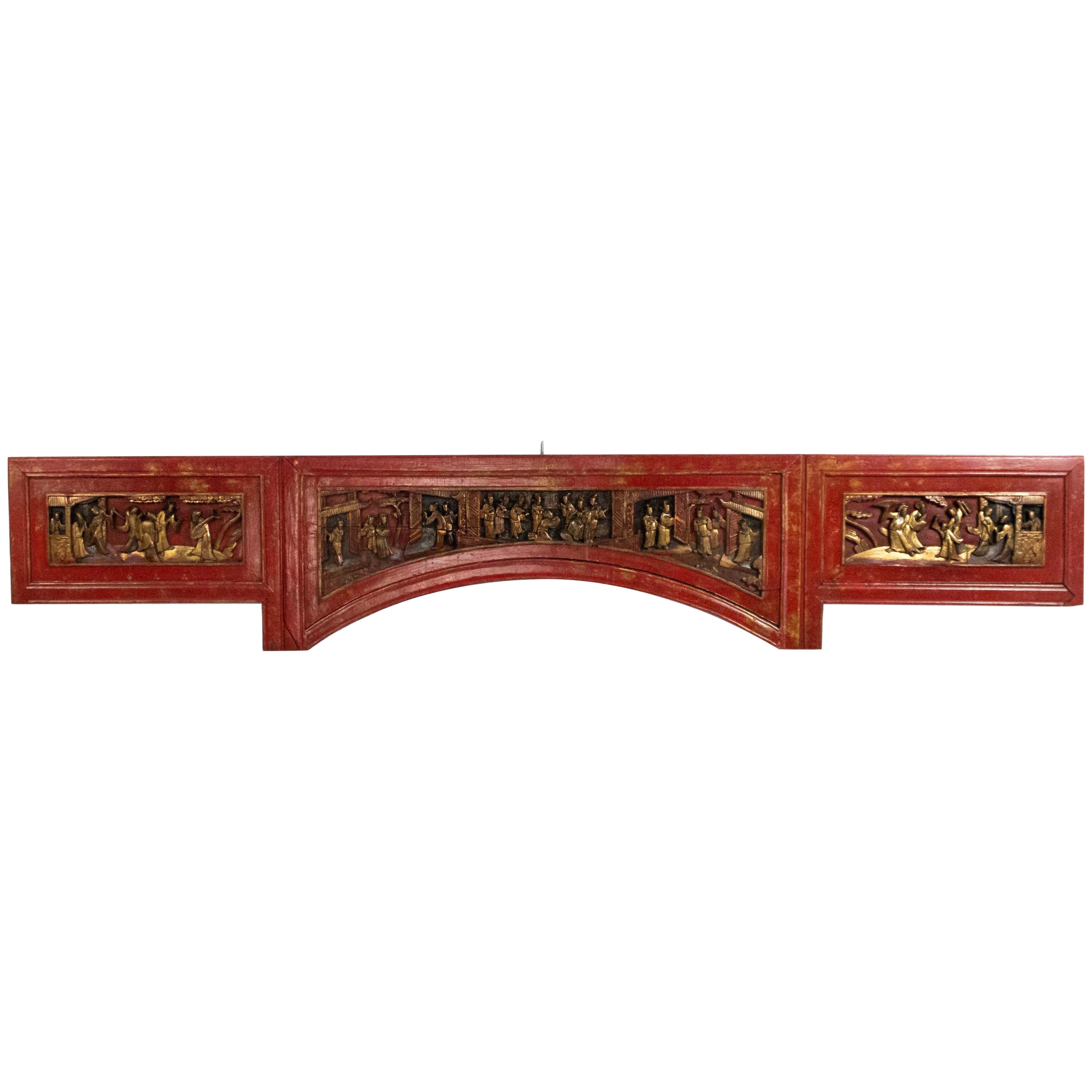 Chinese Lacquered Carved Wall Plaque For Sale