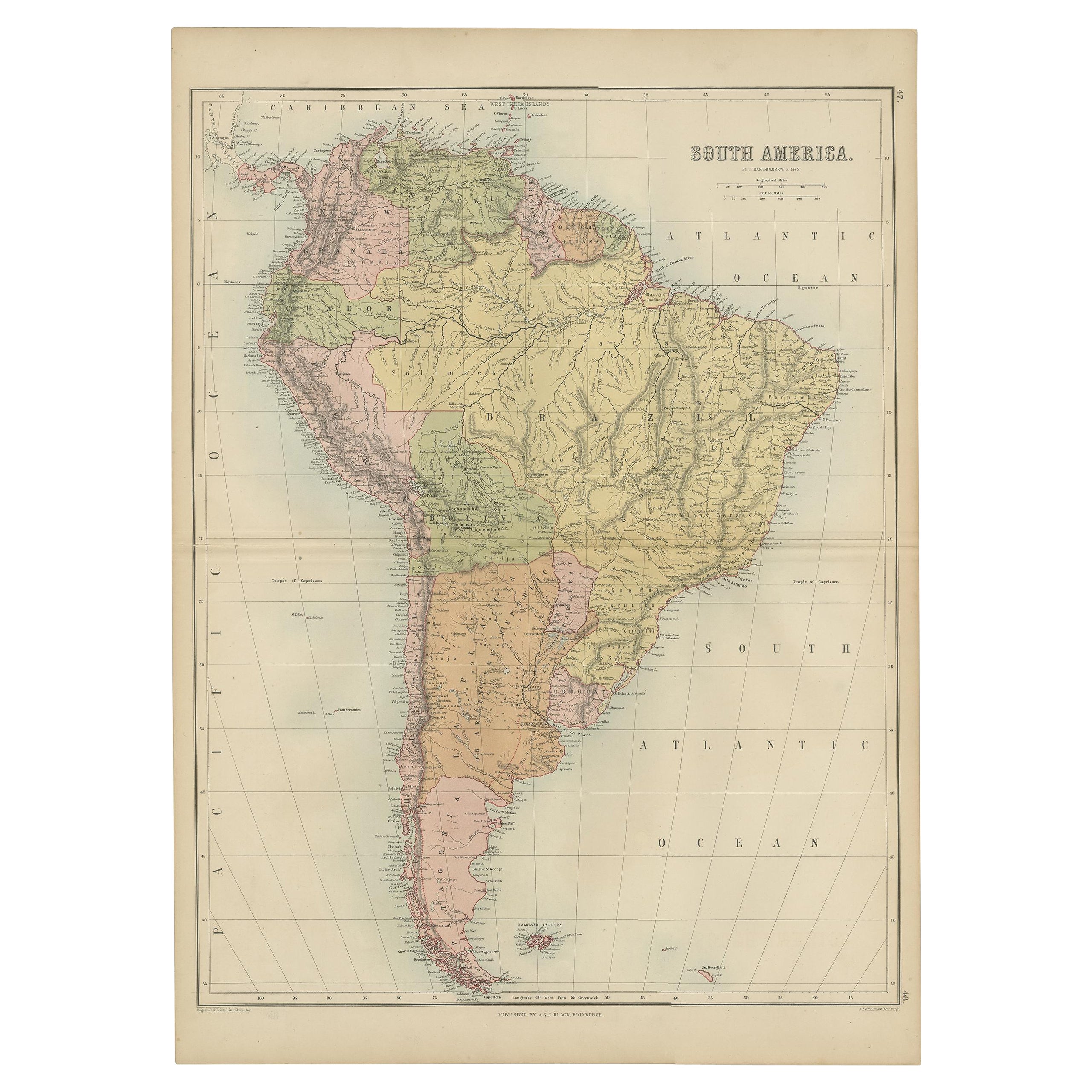 Antique Map of South America by A & C. Black, 1870