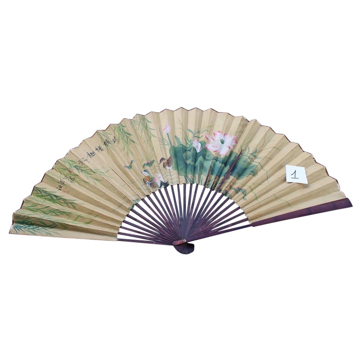 Decorative Mid-Century Chinese Fan  Paper Decorated  Wooden Painted  For Sale