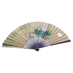 Decorative Mid-Century Chinese Fan  Paper Decorated  Wooden Painted 
