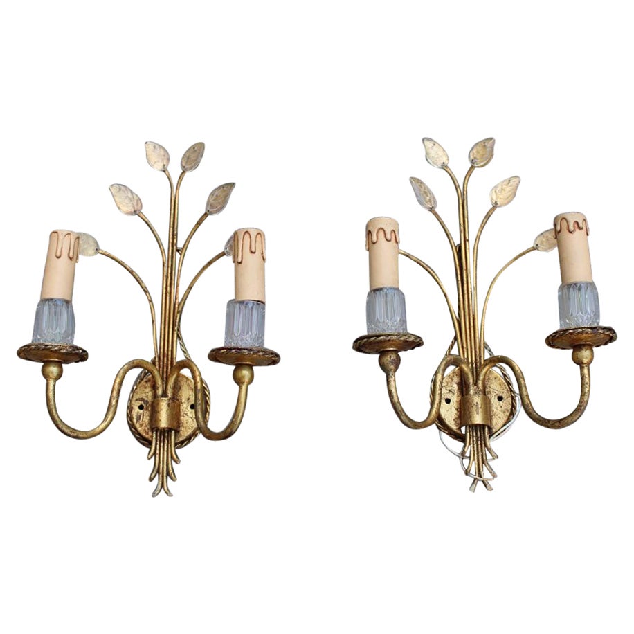 Mid-Century French Wall Sconces Crystall and Gold Plated Metal Maison Jansen 