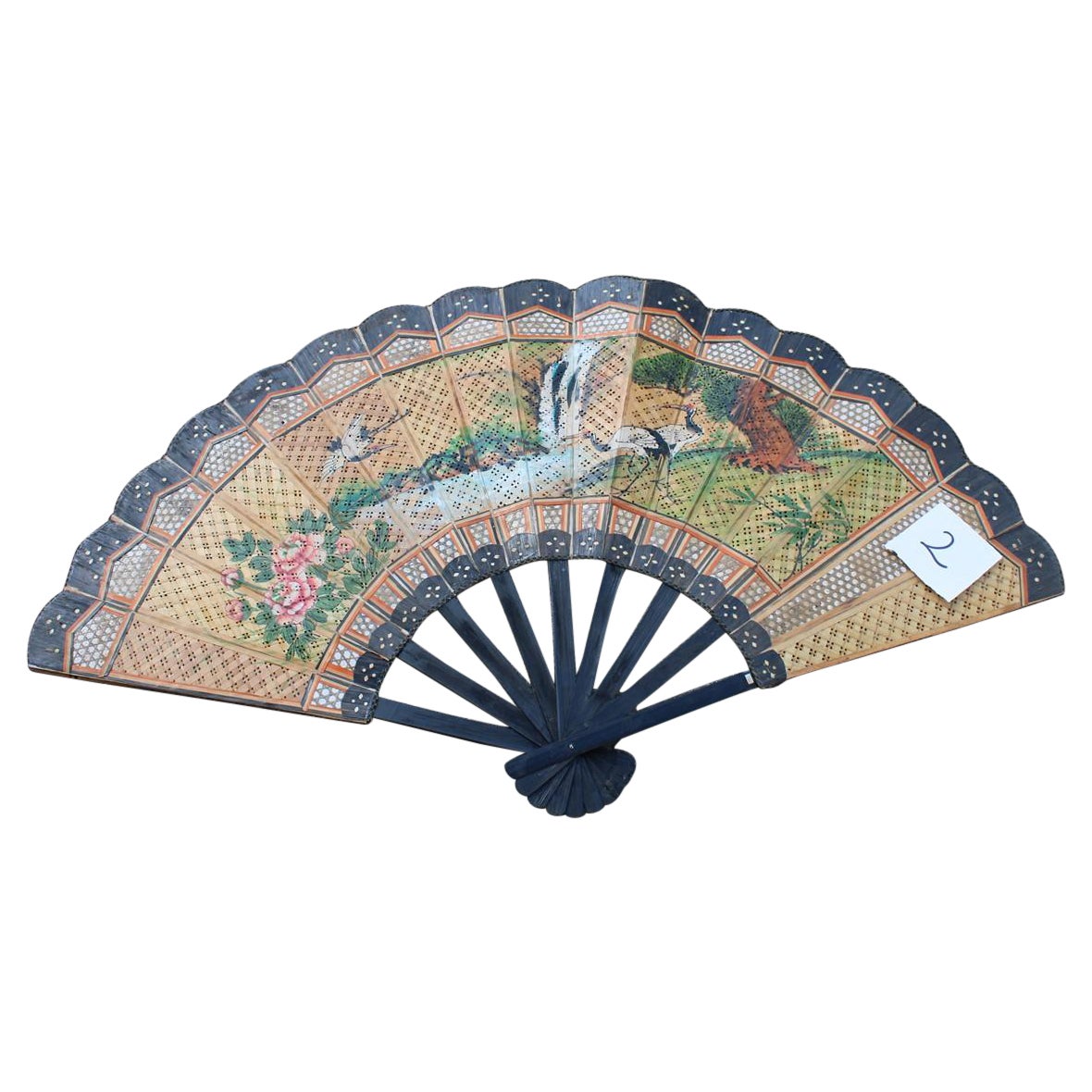 Decorative Mid-Century Chinese Fan in Paper Decorated Painted Wooden Structure For Sale