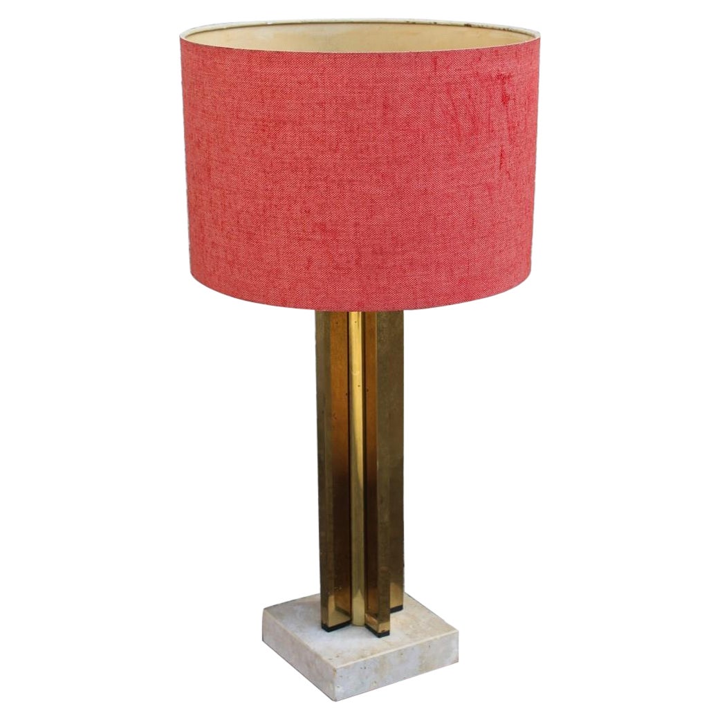 Minimal Italian Table Lamp Brass Gold Marbe Base Square 1970s  For Sale