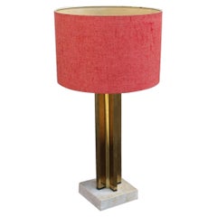 Vintage Minimal Italian Table Lamp Brass Gold Marbe Base Square 1970s 
