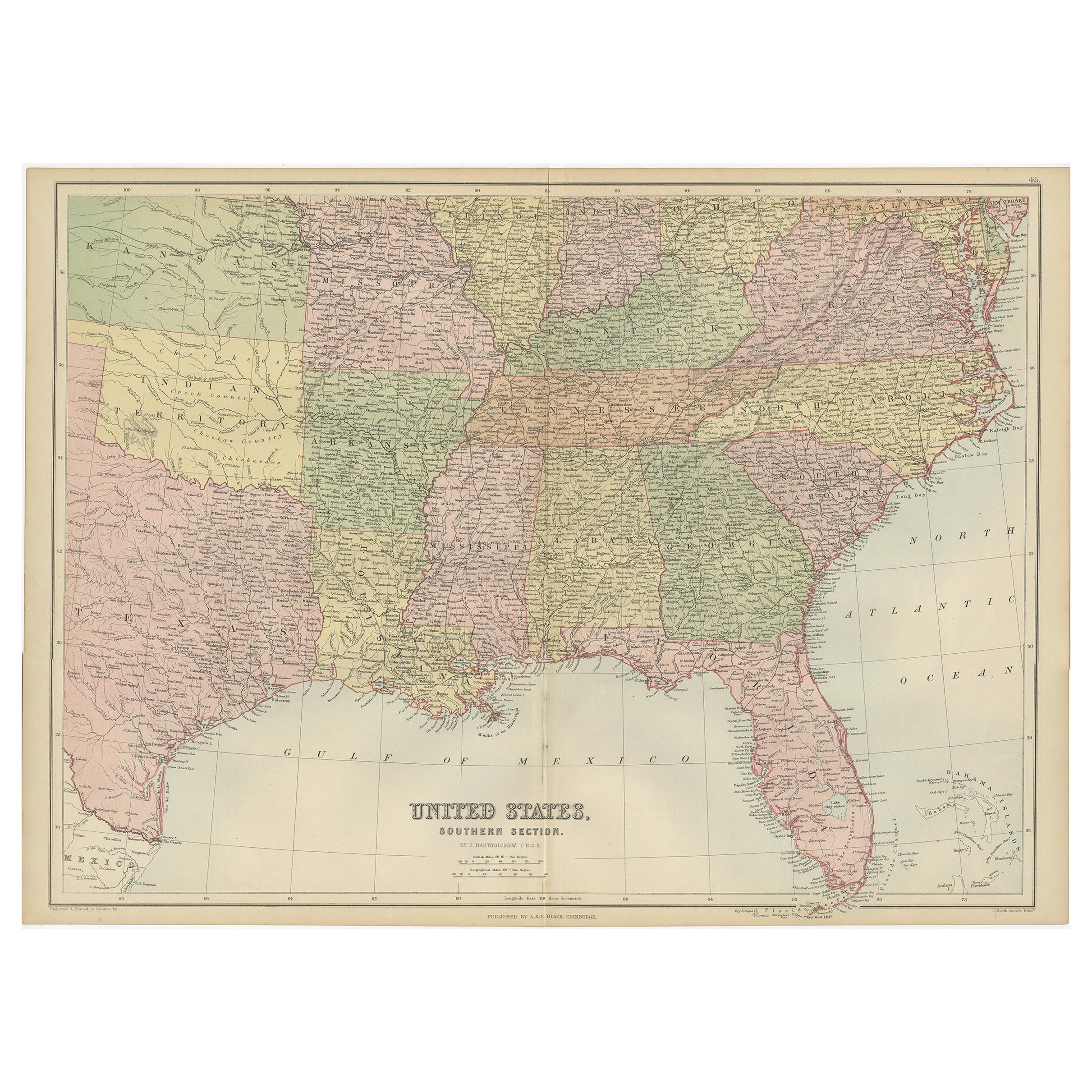 Antique Map of The United States Southern Section by A & C. Black, 1870 For Sale